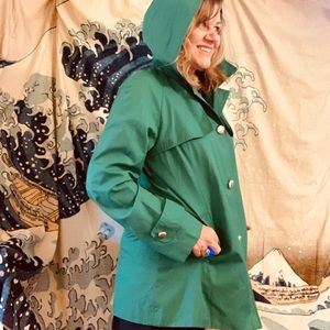 Y2K green Calvin Klein raincoat w detachable hood, gold detail L